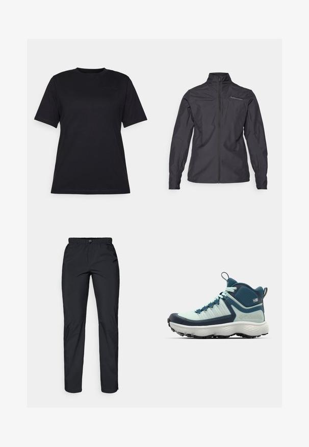 Black lightweight jacket featuring a tall collar, full front zipper, elastic cuffs, and a logo on the left chest area. Smooth texture.; Black short-sleeve t-shirt made of smooth cotton, featuring a crew neckline and subtle embossed logo detail on the left side.; Black, lightweight, water-resistant pants with an elastic waistband and two side pockets; smooth texture; straight-leg design.; Men's hiking shoe in light teal and navy. Features a textured upper, molded rubber toe cap, and aggressive outsole for traction.