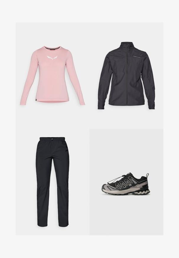 Must fin džakk musta värviga, millel on kõrge krae, täispikad tõmblukud, elastsed mansetid ja logo vasakul rinnal. Sile tekstuur.; Roosa pika varrukaga crewneck särk, millel on keskel rindadel valge minimalistlik logo, esitatud lihtsal valgel taustal.; Must töötlusteid, mustad, kergekaalulised, veekindlad püksid elastse vöökohtaga ja kahe küljetaskuga; sile tekstuur; sirge jala disain.; Must mustriline ja hallid spordijalatsid, millel on võrgu ülemine osa, kummist põhi ja elastne nööri süsteem. Omab tugevdatud varvaskatet ja tekstuursete aktsentidega detaile.