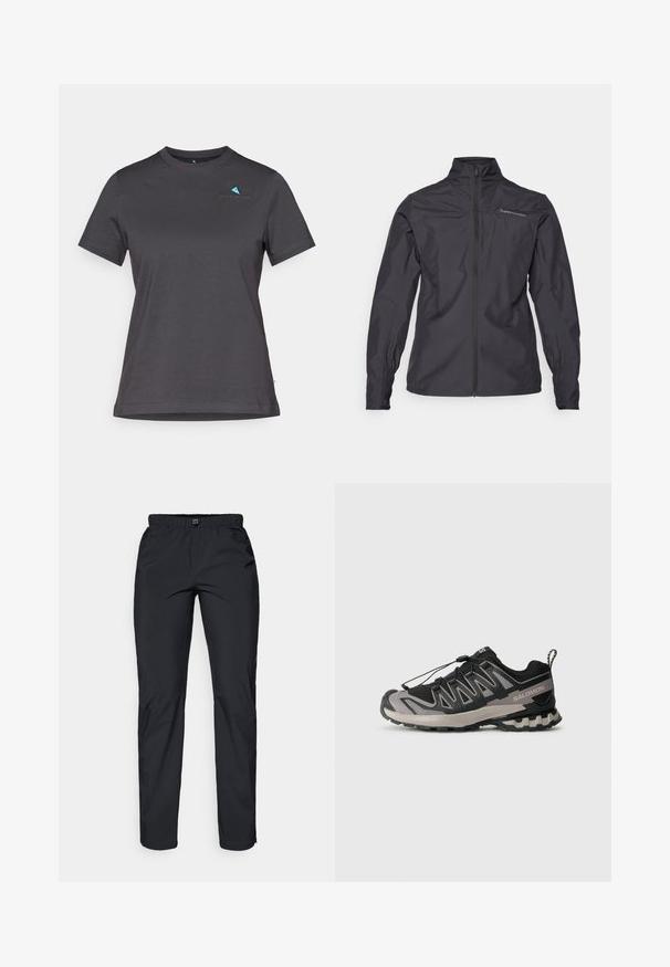 Melna viegla jaka ar augstu apkakli, pilnu priekšējo rāvējslēdzēju, elastīgām piedurknēm un logo kreisajā krūtīs. Gluda faktūra.; Tumši pelēks īsām piedurknēm T-krekls, kas izgatavots no mīksta kokvilnas. Iespējo apaļu kakla izgriezumu un mazu zilu logotipu uz krūšu. Gluda tekstūra.; Melnas, vieglas, ūdensizturīgas bikses ar elastīgu jostu un divām sānu kabatām; gluda tekstūra; taisnu kāju dizains.; Melnas un pelēkas sporta apavus ar sietveida augšdaļu, gumijas zoli un elastīgu šņorēšanas sistēmu. Iespējama pastiprināta purngala un teksturēti akcenti.