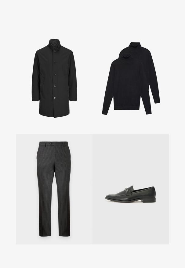 Czarny wodoodporny płaszcz z stójką, zapięciem na pięć guzików i dwoma bocznymi kieszeniami. Charakteryzuje się gładką, matową teksturą i luźnym krojem.; Dwa czarne swetry z długimi rękawami i golfem, gładko plecione, ułożone jeden za drugim na białym tle.; Szare spodnie w paski wykonane z materiału o gładkiej teksturze. Posiadają zapięcie na guzik z przodu i prosty krój nogawek, co zapewnia dopasowanie w stylu tailored.; Czarne skórzane mokasyny o gładkim wykończeniu, z haftowanym wzorem i dekoracyjnym akcentem z metalowego łańcucha na wierzchu. Płaska pięta.