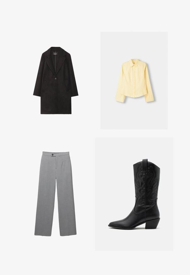 Czarny wełniany płaszcz z wykładanym kołnierzem, zapięciem na pojedynczy guzik i dwoma przednimi kieszeniami. Prosta sylwetka z długimi rękawami.; Żółta koszula w paski z długimi rękawami, z ostrym kołnierzykiem i zapięciem na guziki z przodu. Posiada pionowe niebieskie paski i dopasowany krój.; Szare dopasowane spodnie o szerokich nogawkach, z płaskim przodem i subtelnie chropowatą fakturą. Posiadają pojedyncze zapięcie na guzik oraz czyste linie.; Czarne skórzane kowbojki z szpiczastym noskiem, z embosowanymi spiralnymi wzorami i średnim obcasem. Posiadają pętelkę do łatwego zakładania.