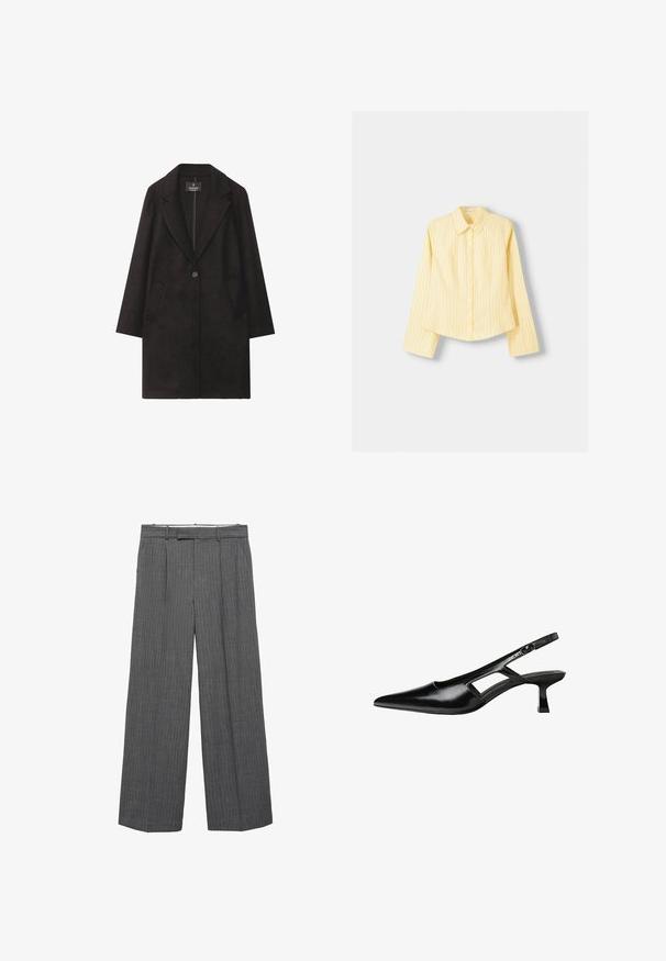 Cappotto in lana nera con colletto a rever, chiusura a un bottone e due tasche frontali. Silhouette dritta con maniche lunghe.; Camicia a righe gialle con maniche lunghe, colletto a punta e chiusura frontale con bottoni. Presenta righe verticali blu e una vestibilità sartoriale.; Mango Pantaloni - grey; Tacchi slingback in pelle verniciata nera con punta affusolata, design con tagli laterali e tacco quadrato piccolo. Texture liscia con dettagli minimi.