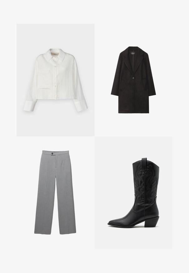 Čierny vlnený kabát s ozdobným límcom, s jedným gombíkom na zapínanie a dvoma prednými vreckami. Priamy strih s dlhými rukávmi.; Strihaná biela ľanová košeľa s špicatým golierom, prednou vreckom a gombíkovým zapínaním. Dlhé rukávy s kontrastným detailom na manžetách.; Šedé upravené nohavice s širokými nohavicami, plochým predkom a jemnou textúrou. Obsahujú jediné zapínanie na gombík a čisté línie.; Čierna kožená kovbojská čižma s špicatou špičkou, embosovanými vírivými vzormi a stredne vysokým opätkom. Obsahuje pútko pre jednoduché obúvanie.