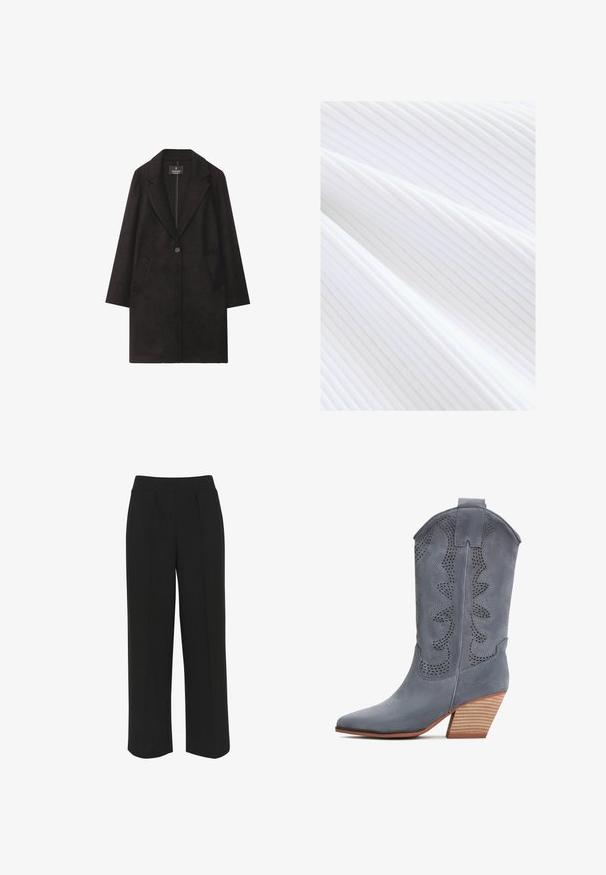 Schwarzer Wollmantel mit Reverskragen, Einzelknopfverschluss und zwei vorderen Taschen. Gerader Schnitt mit langen Ärmeln.; Weißer gerippter Stoff mit feinen vertikalen Linien und einer glatten Textur, der in sanften Falten hängt.; Schwarze weite Hose mit flachem Bund, ausgestattet mit vorderen Falten und einer glatten Textur. Keine sichtbaren Taschen oder Beschläge.; Graue Wildleder-Cowboystiefel mit einer spitzen Zehe, durchbrochener Gestaltung und einem gestapelten Holzabsatz. Mit einem dekorativen, gewellten oberen Rand.