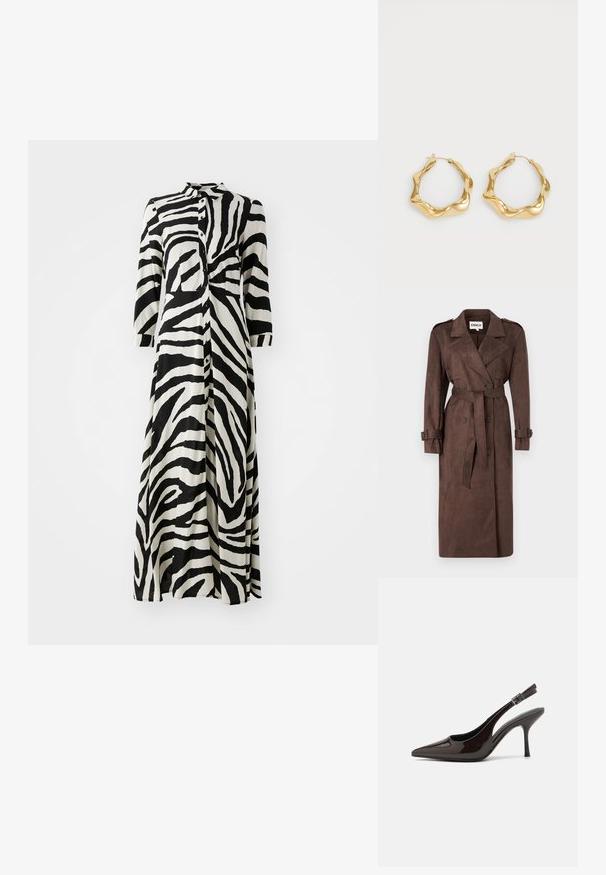 ONLY ONLINA LONG - Trenchcoat - chocolate brown; Long button-up dress in black and white zebra print, featuring 3/4 sleeves, a collar, and a straight cut design. Made of lightweight fabric.; Slingback high-heeled shoe in glossy dark brown patent leather, pointed toe, open sides, and adjustable ankle strap.; Brown leather tote bag with a soft texture, featuring a spacious design and a single strap. Worn with a blue denim jacket.; Gold hoop earrings with a wavy, textured design. Features a thin wire closure and a polished, reflective surface.