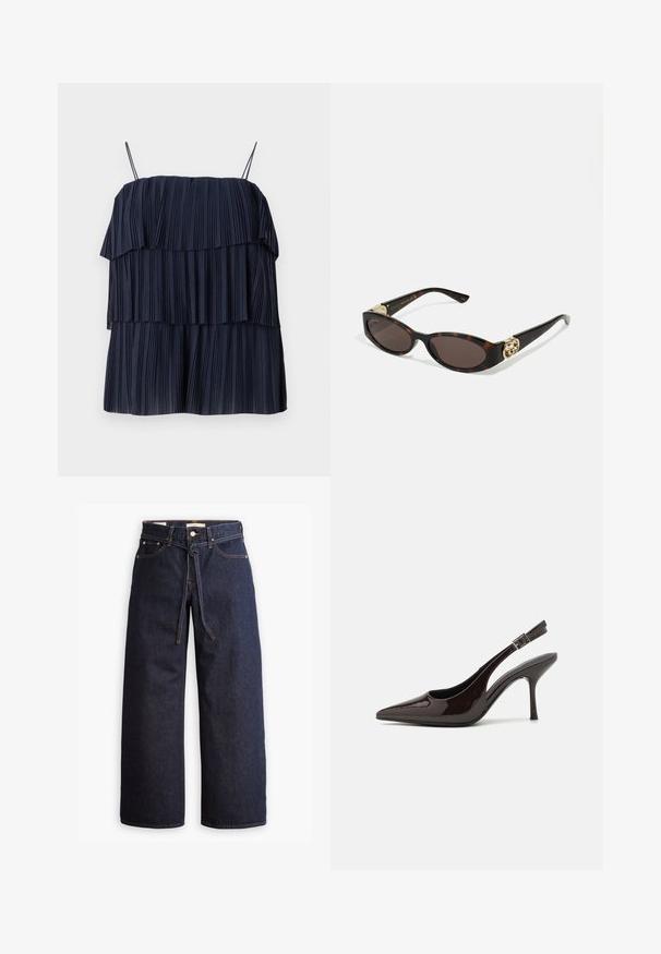 ONLY ONLINA LONG - Trenchcoat - chocolate brown; Marinblå, veckad topp med lagerdesign, tunna axelremmar och mjuk textur. Varje lager har vertikala veck som skapar djup och rörelse.; Brettbeniga mörkblå denimjeans med hög midja, utrustade med snörning, fem fickor och kontrasterande sömmar.; Högklackad slingback-sko i blankt mörkbrunt lackläder, spetsig tå, öppna sidor och justerbart ankelsnöre.; Sköldpaddsformade solglasögon med avlånga ovala linser, brunt toning, guldfärgade logotypdetaljer på skalmarna och slanka svarta skaft.; Mörkgrön handväska med en böjd silhuett och ett kort rem, som har en guldfärgad dragkedja och en diskret Calvin Klein-logotyp på framsidan.