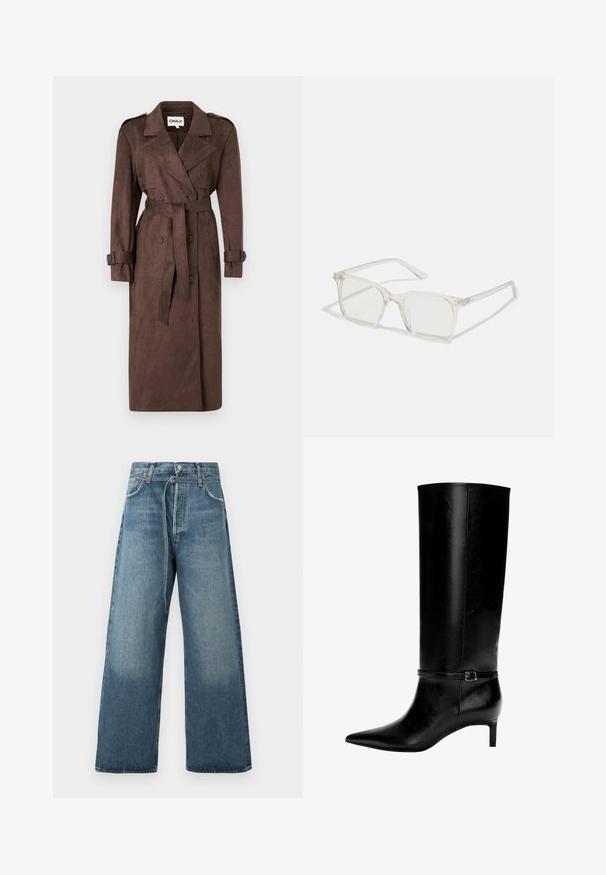 ONLY ONLINA LONG - Kišni ogrtač - chocolate brown; Bijela majica s dugim rukavima i brodskim dekolteom. Izrađena od mekanog materijala, ima raširene rukave i ravni rub, nudeći jednostavan i svestran dizajn.; Široke plave traperice u izblijedjelom izdanju, izrađene od denima s vidljivim šavnim detaljima i kopčanjem na gumba u struku.; Crne kožne čizme do koljena s uskim vrhom i malom petom. Imaju usku traku s metalnom kopčom oko gležnja. Glatka tekstura.; Prozirne plastične naočale kvadratnog okvira s prozirnim lećama, koje sadrže zlatne akcentne detalje na drškama.; Smeđa krznena šalica nosi se preko krem pulovera. Šal ima meku teksturu i debeo, bogat dizajn, elegantno padajući.