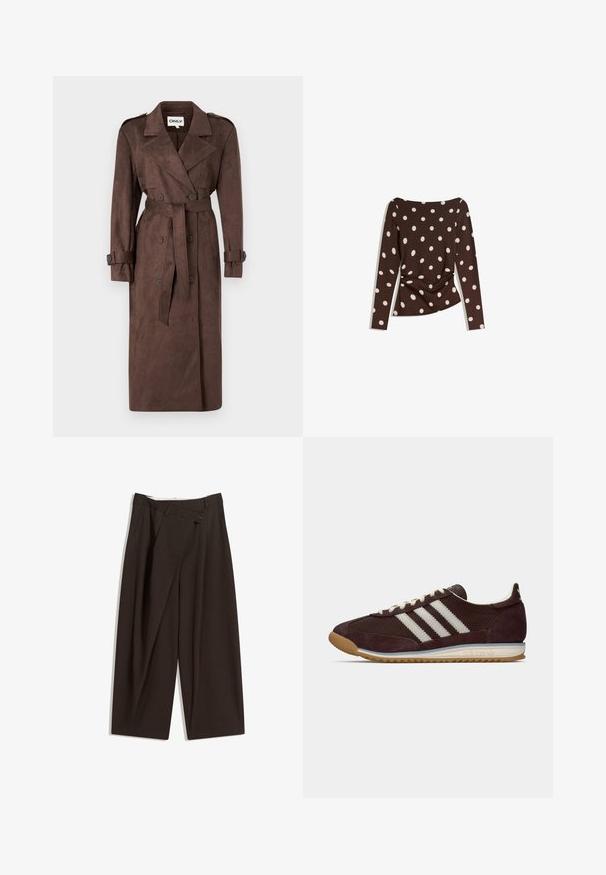 ONLY ONLINA LONG - Trenčkot - chocolate brown; Hnedý dlhý rukáv s výstrihom do lodičky, ktorý má veľké biele bodky a zberaný detail v páse pre priliehavý vzhľad.; Tmavohnedé široké nohavice s vysokým pásom, s jedným gombíkom a záhybmi vpredu. Vyrobené z ľahkej textílie.; Nízko profilové tmavobordové tenisky Adidas s bielymi pruhmi, krémovými šnúrkami a gumovou podrážkou, bočný pohľad na jednofarebnom pozadí.