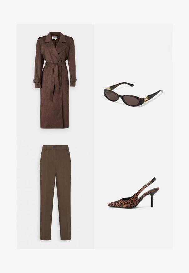ONLY ONLINA LONG - Trenchcoat - chocolate brown; Black long-sleeve shirt made of cotton blend fabric, featuring a round neckline and fitted design with no visible patterns or graphics.; Straight-leg brown trousers with belt loops and a single front button closure, displayed on a white background.; Leopard-print slingback high heels with a pointed toe, black glossy heel, and adjustable ankle strap. Soft material with a textured finish.; Tortoiseshell sunglasses with elongated oval lenses, brown tint, gold logo accents on temples, and sleek black arms.; Maroon handbag with a curved silhouette and a short strap, featuring a gold zipper and a subtle Calvin Klein logo on the front.