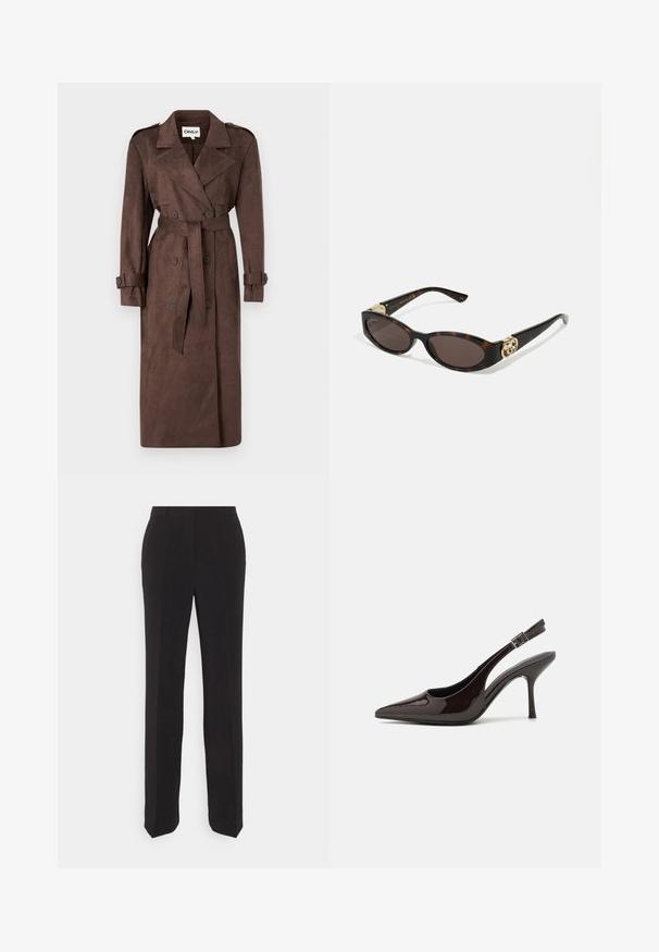 ONLY ONLINA LONG - Trench - chocolate brown; Chemise noire à manches longues en tissu mélangé coton, avec un col rond et une coupe ajustée, sans motifs ni graphiques visibles.; Pantalon noir ajusté avec une coupe droite, doté d'une texture lisse et d'une taille classique. Pas de poches visibles ni d'ornements.; Soulier à talons hauts type slingback en cuir verni marron foncé brillant, à bout pointu, côtés ouverts et bride de cheville réglable.; Lunettes de soleil en écaille, avec des verres ovales allongés, teinte marron, accents de logo doré sur les branches et montures noires élégantes.