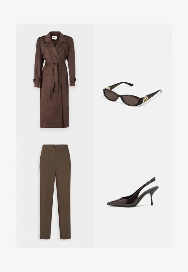 ONLY ONLINA LONG - Trench - chocolate brown; Chemise noire à manches longues en tissu mélangé coton, avec un col rond et une coupe ajustée, sans motifs ni graphiques visibles.; Pantalons marron à jambes droites avec passants de ceinture et fermeture à un bouton à l'avant, présentés sur fond blanc.; Soulier à talons hauts type slingback en cuir verni marron foncé brillant, à bout pointu, côtés ouverts et bride de cheville réglable.; Lunettes de soleil en écaille, avec des verres ovales allongés, teinte marron, accents de logo doré sur les branches et montures noires élégantes.; Sac à main bordeaux avec une silhouette incurvée et une courte bandoulière, dotée d'une fermeture éclair dorée et d'un logo Calvin Klein discret à l'avant.