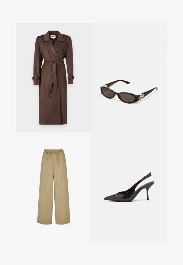 ONLY ONLINA LONG - Trenchcoat - chocolate brown; Sort langærmet skjorte lavet af en bomuldsblandingsstof, med rund halsudskæring og tætsiddende design uden synlige mønstre eller grafik.; Beige vidde bukser med høj talje, snoretræk og to sidelommer, lavet af et glat, letvægtsmateriale.; Slingback højhælet sko i glat mørkebrun patenteret læder, spids tå, åbne sider og justerbar ankelrem.; Skildpaddemønster solbriller med aflange ovale linser, brun farve, guldlogo accenter på stængerne og slanke sorte arme.; Bordeaux skuldertaske med en buet silhuet og en kort rem, med en guld lynlås og et diskret Calvin Klein logo på forsiden.