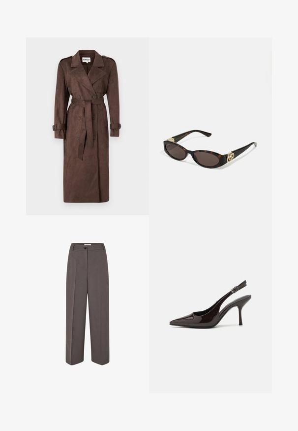 ONLY ONLINA LONG - Trenchcoat - chocolate brown; Svart långärmad skjorta i blandad bomullstyg, med rund halsringning och figurnära snitt utan synliga mönster eller tryck.; Breda ben, hög midja brun byxa med framveck, bälteshällor, knappstängning och en slät tygtextur.; Högklackad slingback-sko i blankt mörkbrunt lackläder, spetsig tå, öppna sidor och justerbart ankelsnöre.; Sköldpaddsformade solglasögon med avlånga ovala linser, brunt toning, guldfärgade logotypdetaljer på skalmarna och slanka svarta skaft.; Mörkgrön handväska med en böjd silhuett och ett kort rem, som har en guldfärgad dragkedja och en diskret Calvin Klein-logotyp på framsidan.