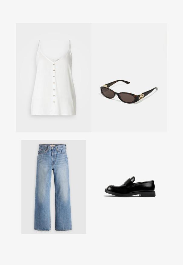 ONLY ONLINA LONG - Trenčkot - chocolate brown; ONLY ONLASTRID SINGLET - Top - cloud dancer; Světle modré džínové široké nohavice s vysokým pasem, vybledlými oblastmi, pěti kapsami a kontrastním prošitím. Klasické zapínání na knoflík a zip.; Černé kožené mokasíny s kulatou špičkou, plochou gumovou podrážkou a výrazným páskem přes nárt. Hladká textura, minimalistický design.; Brýle sluneční s kočičím vzorem, prodloužené oválné čočky, hnědý odstín, zlaté logo na spáncích a elegantní černé nožičky.; Bordová kabelka s zakřivenou siluetou a krátkým popruhem, zdobená zlatým zipem a nenápadným logem Calvin Klein na přední straně.