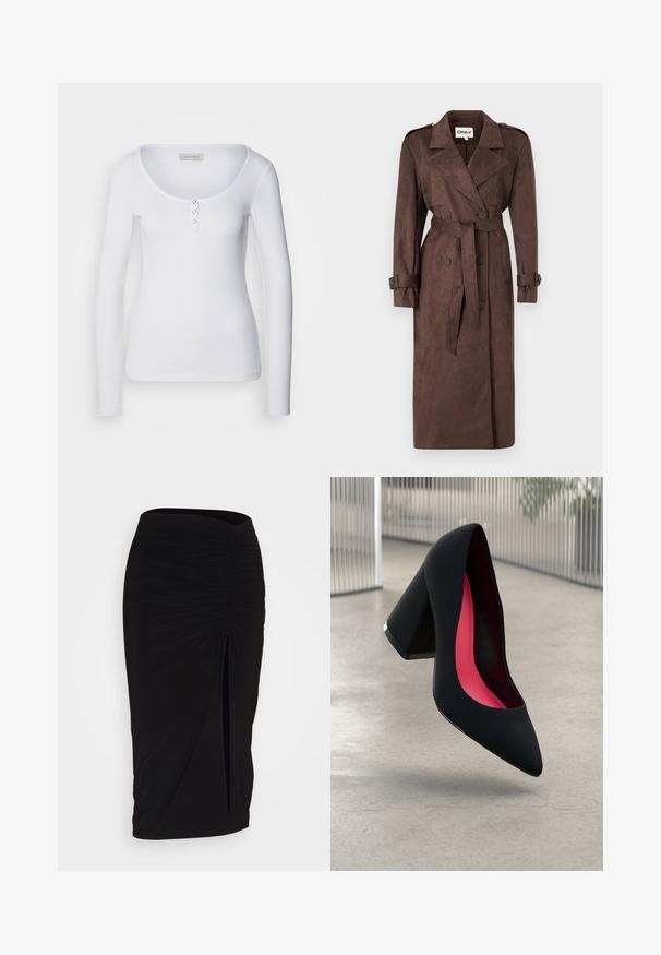 ONLY ONLINA LONG - Trenčkot - chocolate brown; Bela majica z dolgimi rokavi z okroglim izrezom, ribasto teksturo in tremi srebrnimi gumbi na sprednjem plastronu.; Črna, nabrana svinčnik krilo z detajlom v obliki traku in stranskim razporkom. Narejeno iz raztegljive tkanine, ki se ponaša z gladko teksturo in oblikovanjem, ki se prilega telesu.; Črne visoke petke z nazobčanim prstom, teksturirano površino in živahnimi rožnatimi notranjimi deli. Imajo robustno peto z srebrnim akcentom.
