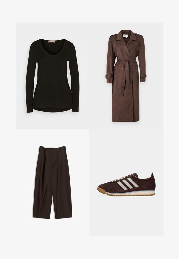 ONLY ONLINA LONG - Trenchcoat - chocolate brown; Svart långärmad topp med V-ringning tillverkad av ett mjukt, elastiskt material; har en rundad nederkant och en figurnära silhuett.; Mörkbruna vida byxor med hög midja, med en enkel knappstängning och plisserad front. Tillverkade av lätt tyg.; Lågprofil mörk burgundy Adidas sneakrar med vita ränder, krämfärgade snören och gummisula, sidovy på enkel bakgrund.
