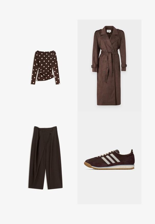 ONLY ONLINA LONG - Kišni ogrtač - chocolate brown; Smeđi dugi rukav majica s izrezom u obliku žlice, koja sadrži velike bijele točke i nabranu dekoraciju u struku za prilagođeni izgled.; Tamno smeđe široke hlače s visokim strukom, s jednim dugmadi na zakopčavanju i pregibom sprijeda. Izrađene od laganog materijala.; Niske tamnocrvene Adidas tenisice s bijelim prugama, kremastim vezicama i gumiranim potplatom, bočni prikaz na jednobojnoj pozadini.