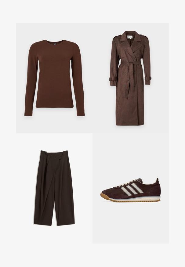 ONLY ONLINA LONG - Trenčkot - chocolate brown; Hnedé tričko z bavlny s dlhými rukávmi a okrúhlym výstrihom. Hladká textúra a priliehavý strih s minimálnymi švami a bez vzorov či akcentov.; Tmavohnedé široké nohavice s vysokým pásom, s jedným gombíkom a záhybmi vpredu. Vyrobené z ľahkej textílie.; Nízko profilové tmavobordové tenisky Adidas s bielymi pruhmi, krémovými šnúrkami a gumovou podrážkou, bočný pohľad na jednofarebnom pozadí.