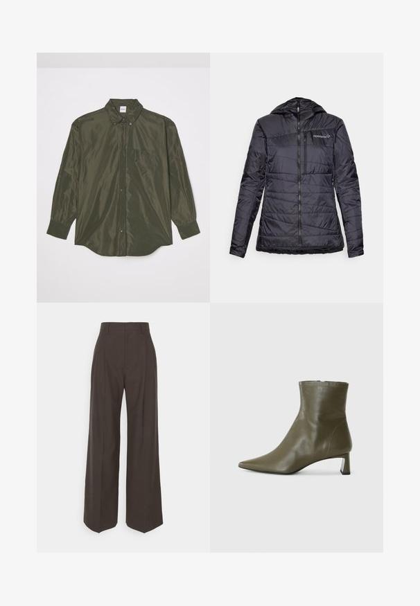 Schwarze isolierte Jacke mit Kapuze, ausgestattet mit einem horizontal gesteppten Design, einem Reißverschluss vorne und einem leichten Bündchen am Saum. Norrøna-Logo auf der Brust.; Langärmliges, dunkelolivgrünes Hemd aus glänzendem Stoff, mit durchgehender Knopfleiste, spitzem Kragen und einer Brusttasche.; Dunkelbraune weite Hose mit hoher Taille, die über sorgfältig gebügelte Falten, eine glatte Textur und eine taillierte Passform verfügt.; Olivgrüne Lederstiefelette mit spitzer Zehenpartie und 4 cm Blockabsatz; glatte Textur und minimalistisches Design mit Reißverschluss.