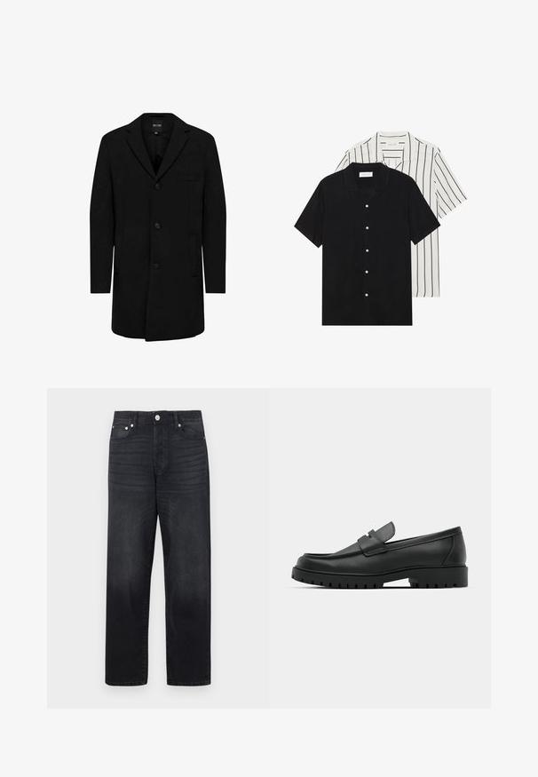 Palton negru realizat dintr-un amestec de lână, cu un design croit; dispune de o închidere cu un singur nasture, rever cu tăietură și buzunare laterale. Textură netedă.; Două cămăși cu mânecă scurtă: una complet neagră, iar cealaltă albă cu dungi verticale negre. Ambele au închidere cu nasturi și un guler clasic.; Jeans negri din denim cu croială dreaptă, design cu cinci buzunare, închidere cu nasture metalic și ușoară decolorare a materialului.; Mocasini din piele neagră cu vârful rotunjit, având un design cusut, talpă joasă și o talpă din cauciuc texturat, cu crampoane.