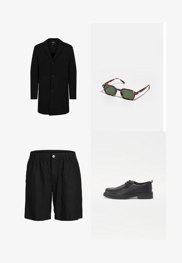 Čierny kabát z vlnenej zmesi s upraveným dizajnom; obsahuje zapínanie na jedno tlačidlo, reverzné klopy a bočné vrecká. Hladká textúra.; Sada ôsmich čiernych bavlnených tričiek s krátkymi rukávmi a okrúhlym výstrihom, s jednoduchým dizajnom a jemnou textúrou.; Jack & Jones Šortky - black onyx; Čierne kožené topánky s okrúhlym špicom, textúrovaným prešívaním, nízkym profilom a gumovou podrážkou s hlbokými drážkami pre lepšiu trakciu.; Okuliarovité slnečné okuliare z korytnačiny s zelenými šošovkami, s osmiuholníkovým tvarom a tenkými, zakrivenými rámikmi. Materiál má lesklý povrch.; Čierna plátenná taška s odvážnym bielym textom "ALLSAINTS" a menším textom v japončine a "LONDON" na spodnej strane. Dve dlhé rúčky.