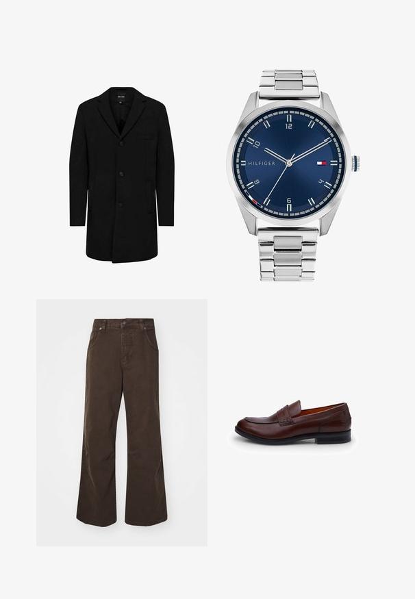 Black coat made of wool blend with a tailored design; features a single-button closure, notch lapels, and side pockets. Smooth texture.; Two fitted tank tops in black and white. Made of ribbed cotton, they feature wide straps and rounded necklines. Branding on the collar.; Brown wide-leg trousers made of cotton, featuring a high waist, front pockets, and a smooth texture. Finishing includes subtle stitching details.; Brown leather loafer with a smooth surface, rounded toe, contrast stitching, and a low heel. Features a decorative strap across the vamp.; Silver metal watch with a brushed blue dial, white hour markers, and a date display. Features a linked metallic band and brand logo.