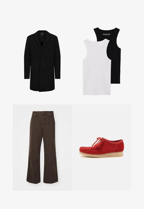 Svart frakk laget av en ullblanding med skreddersydd design; har en enkelt knapp lukking, notched krager og sidelommer. Glatt tekstur.; To passformerede tanktopper i sort og hvid. Lavet af ribbet bomuld, de har brede stropper og afrundede halsudskæringer. Branding på kraven.; Brune vidde bukser laget av bomull, med høy midje, frontlommer og en glatt tekstur. Avslutningen inkluderer subtile sømdetaljer.; Røde semskede sko med rund tå, sidefringser og flerfargede snører. Har en lettere plattformsåle.