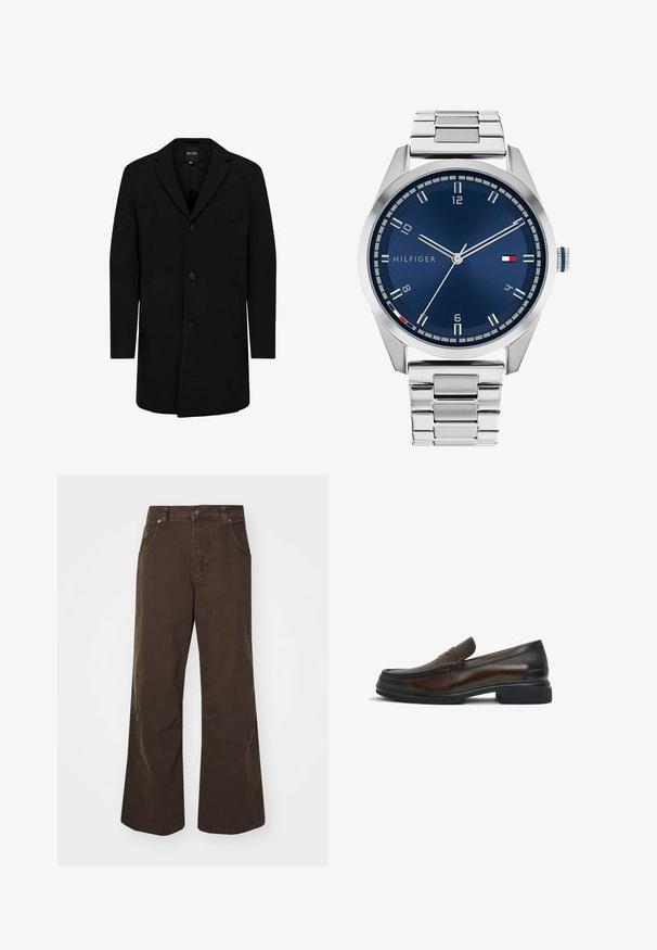 Palton negru realizat dintr-un amestec de lână, cu un design croit; dispune de o închidere cu un singur nasture, rever cu tăietură și buzunare laterale. Textură netedă.; Două topuri cu mânecă scurtă, ajustate, în negru și alb. Realizate din bumbac striat, acestea au curele late și decolteuri rotunde. Branding pe guler.; Pantaloni largi maro din bumbac, cu talie înaltă, buzunare frontale și o textură fină. Detaliile de finisare includ cusături subtile.; Mocasin din piele maro cu vârful rotunjit, detalii cusute pe partea superioară, o textură netedă și o talpă din cauciuc negru în contrast.; Ceas metalic argintiu cu un cadran albastru periat, marcaje albe pentru ore și o afișare a datei. Dispune de o curea metalică legată și logo-ul mărcii.