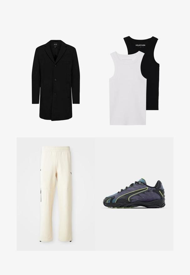 Zwarte jas gemaakt van een wolmix met een getailleerd ontwerp; beschikt over een enkele knoopsluiting, notch-klepels en zijzakken. Glad textuur.; Twee getailleerde tanktops in zwart en wit. Gemaakt van geribbelde katoen, ze hebben brede schouderbanden en afgeronde halslijnen. Merken op de kraag.; Lichtbeige joggingbroek gemaakt van zachte stof. Bevat een zwart logo, zijzakken met ritsen en een relaxte pasvorm.; Zwarte en paarse sportschoenen met een textuur bovenmateriaal, groene accenten en een rubberen zool met een golvend ontwerp. Vetersluiting.