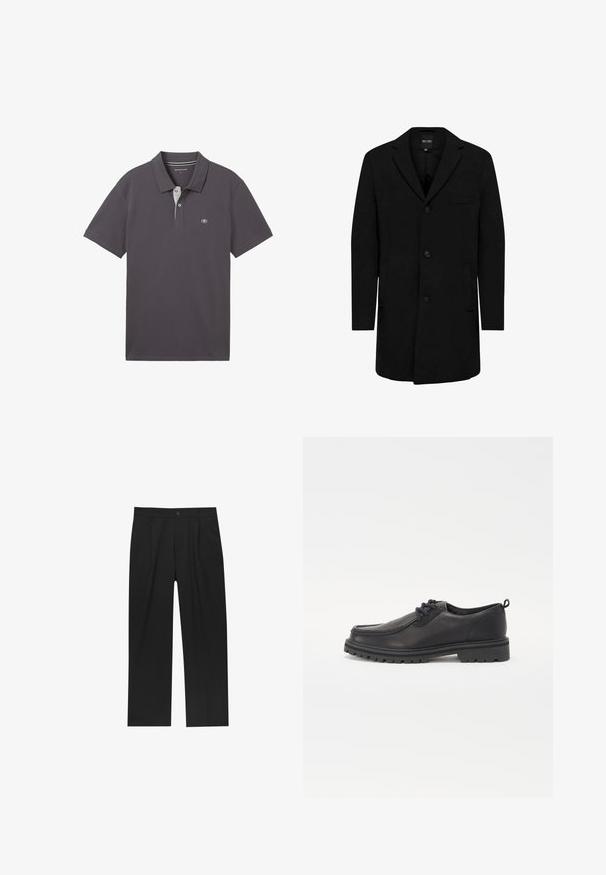 Cappotto nero in misto lana con design su misura; presenta una chiusura a bottone singolo, rever a punta e tasche laterali. Texture liscia.; TOM TAILOR BASIC WITH CONTRAST - Polo - dark shadow; Pantaloni neri con un design a gamba dritta, realizzati in un tessuto liscio. Presentano pieghe frontali e una chiusura a un bottone in vita.; Scarpe in pelle nera con punta arrotondata, cuciture strutturate, design a profilo basso e suola in gomma con profonde scanalature per una migliore aderenza.