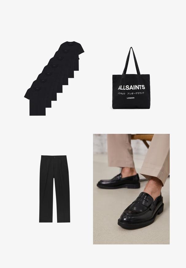 Črn plašč iz mešanice volne s krojenjem po meri; ima zapiranje na en gumb, izrezane reverje in stranske žepe. Gladka tekstura.; Nabor osmih črnih bombažnih majic s kratkimi rokavi in okroglim izrezom, ki imajo preprost dizajn in mehak otip.; Črne hlače z ravnim krojem, narejene iz gladkega materiala. Imajo sprednje gube in enojno zaponko na pasu.; Črne usnjene loafer čevlje z gladko površino, ki imajo okrasno zaponko in kontrastno šivanje, v kombinaciji s bež hlačami.; Črna platnena torba z izrazitim belim napisom "ALLSAINTS" in manjšim besedilom v japonščini ter "LONDON" na dnu. Dva dolga ročaja.