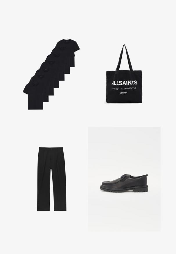 Palton negru realizat dintr-un amestec de lână, cu un design croit; dispune de o închidere cu un singur nasture, rever cu tăietură și buzunare laterale. Textură netedă.; Set de opt tricouri negre din bumbac cu mâneci scurte și gât rotund, având un design simplu și o textură moale.; Pantaloni negri cu un design drept, fabricați dintr-un material neted. Au plisse în față și un sistem de închidere cu un singur buton la talie.; Pantofi din piele neagră cu vârf rotund, cusături texturate, design cu profil redus și talpă din cauciuc cu adâncimi pentru tracțiune.; Geantă de tote din pânză neagră, cu text alb îndrăzneț "ALLSAINTS" și text mai mic în japoneză, precum și "LONDON" în partea de jos. Două mânere lungi.