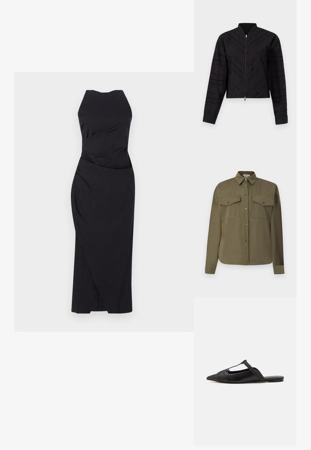 Giacca nera corta con un sottile motivo a trama, colletto alto e zip frontale con dettagli in oro.; Camicia bottone verde oliva realizzata in un tessuto morbido e leggero. Presenta due tasche sul petto, colletto a punta e maniche lunghe.; Marella ELEGIA - Vestito elegante - nero; Scarpa slingback in pelle nera con punta appuntita, con un dettaglio intrecciato e un design superiore plissettato. Suola piatta con hardware minimale.