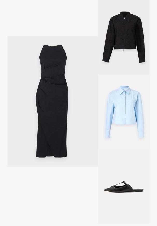 Černá zkrácená bunda s jemným texturovaným vzorem, vysokým límcem a předním zipem s detailem ve zlaté barvě.; Svetle modrá zkrácená košile s dlouhým rukávem a límečkem na knoflíky, vyrobená z hladké tkaniny. Obsahuje přední límec a strukturované manžety.; Marella ELEGIA - Koktejlové šaty / šaty na párty - nero; Černé kožené slingback boty se špičatou špičkou, s tkaným akcentem a plisovaným designem svršku. Plochá podešev s minimálním kovovým zapínáním.