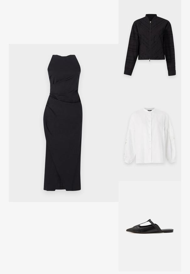 Black cropped jacket featuring a subtle textured pattern, a high collar, and a front zipper with a gold accent detail.; White linen shirt with a mandarin collar, button front, and voluminous, gathered sleeves featuring embroidered accents on the cuffs.; Marella ELEGIA - Cocktail dress / Party dress - nero; Black leather slingback shoe with a pointed toe, featuring a woven accent and pleated upper design. Flat sole with minimal hardware.