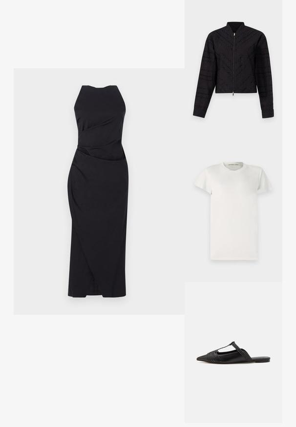 Jachetă cropped neagră cu un model texturat subtil, guler înalt și fermoar frontal cu un detaliu auriu.; Tricou alb cu mânecă scurtă, fabricat din bumbac, cu guler rotund și croială simplă. Etichetele afișează "DESIGNERS REMIX" în interiorul gulerului.; Marella ELEGIA - Rochie cocktail/Rochie petrecere - nero; Pantofii din piele neagră cu curea la spate au vârful ascuțit, prezentând un accent țesut și un design superior pliat. Talpa joasă cu hardware minim.