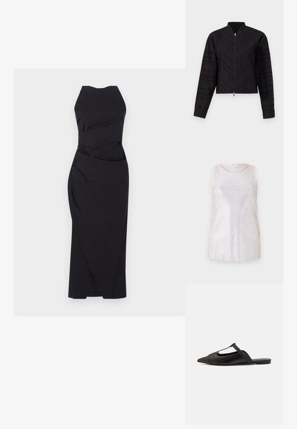 Melns īss jaka ar smalku teksturētu rakstu, augstu apkakli un priekšējo rāvējslēdzēju ar zelta akcentu detalizāciju.; Bez piedurknēm, gaisa plāna topa gaiši pelēkā krāsā, ar apaļu kakla izgriezumu un smalku bēšu apdari. Audumam ir acs tekstūra ar vienmērīgu caurumu izvietojumu.; Marella ELEGIA - Kokteiļkleita/ballīšu kleita - nero; Melnas ādas slingback kurpes ar norādītu purngali, kurām ir austoša akcenta un krokota augšdaļa. Plakana zole ar minimālu aparatūru.