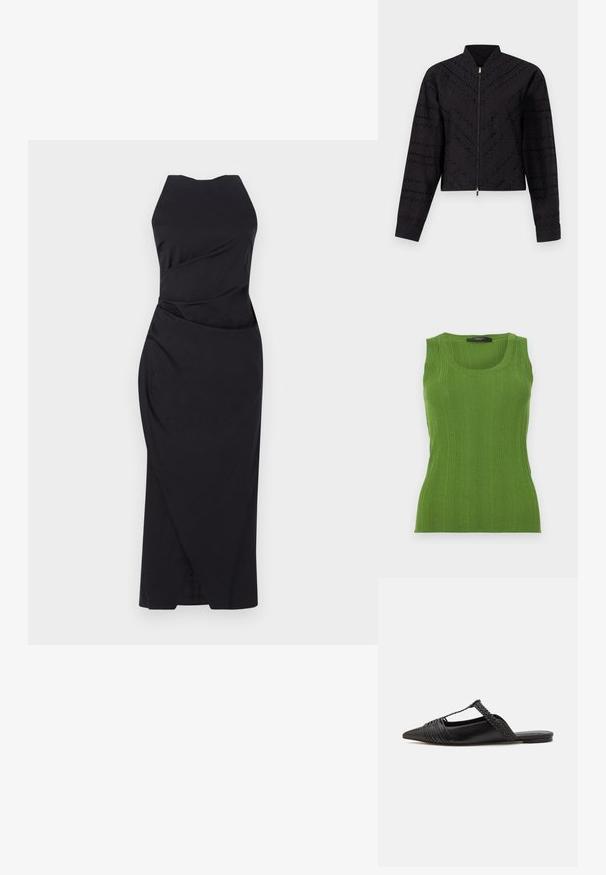 Czarna krótka kurtka z delikatnym wzorem teksturalnym, wysokim kołnierzem i zamkiem błyskawicznym z przodu z detalem w złotym kolorze.; Zielony prążkowany top na ramiączkach z okrągłym dekoltem i szerokimi ramiączkami. Wykonany z teksturowanej dzianiny. Dopasowany krój podkreśla sylwetkę.; Marella ELEGIA czarny; Czarny skórzany but na odkrytej pięcie z pointed toe, ozdobiony plecionym akcentem i plisowanym wzorem górnej części. Płaska podeszwa z minimalnymi elementami.