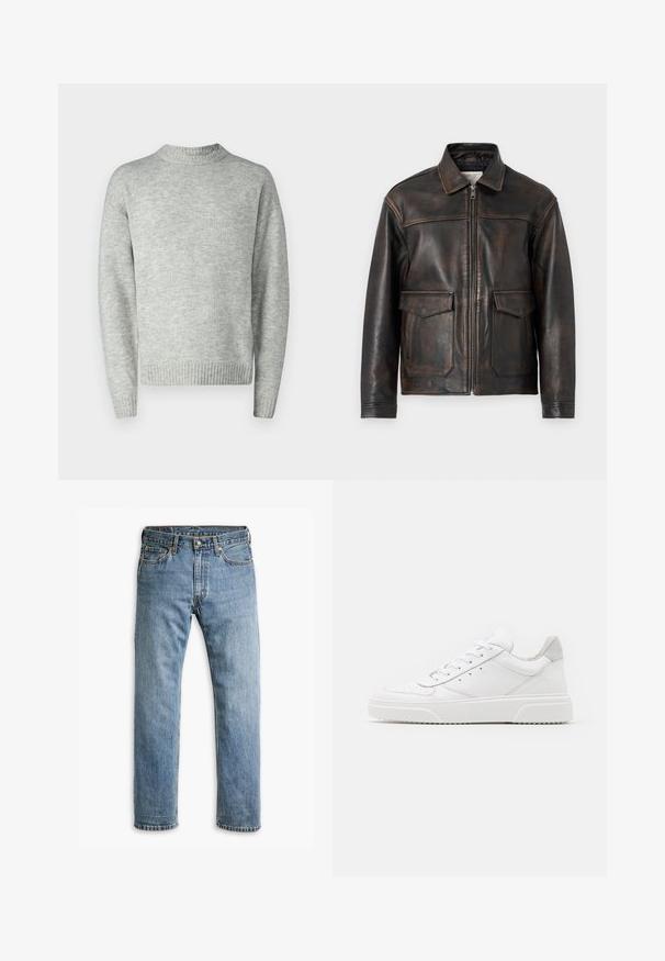 Jack & Jones PREMIUM JPRCCWALLACE - Usnjena jakna - brown stone; Svetirka svetlo sive barve, pletena tekstura, okrogli izrez, dolgi rokavi, rebrast rob in manšete, sproščen kroj, minimalističen dizajn.; Modre jeans hlače ravnega kroja s petimi žepi, zanke za pas in kovinsko zapiranje na belem ozadju.; Bele usnjene športne copate z gladkim zaključkom, okroglo konico, ravnimi vezalkami in teksturiranim podplatom. Sivi semiš detajl na peti.