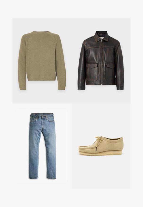 Jack & Jones PREMIUM JPRCCWALLACE - Giacca di pelle - brown stone; Maglione verde oliva con un design a maglia testurizzata, maniche raglan e scollatura rotonda. Orlo e polsini a coste.; Jeans in denim blu a gamba dritta con cinque tasche, passanti per cintura e chiusura con bottone in metallo su uno sfondo bianco.; Scarpa in suede beige con design a lacci, dettagli cuciti e suola in gomma. La forma è casual con un leggero tacco a cuneo.