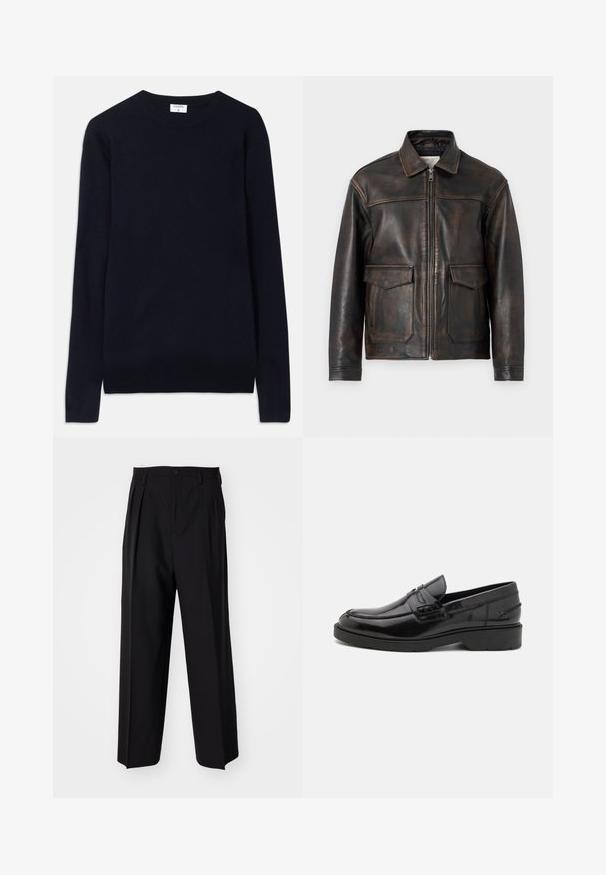 Jack & Jones PREMIUM JPRCCWALLACE - Nahkatakki - brown stone; Tummansininen pyörökaula-aukko villapaita, joka on valmistettu pehmeästä kankaasta. Siinä on pitkät hihat sekä ribbireunus kauluksessa ja helmassa. Siisti, minimalistinen muotoilu.; Mustat laskostetut housut, joissa on suora, leveä lahje. Valmistettu sileästä kankaasta, jossa on nappisuljenta ja vyölenkit.; Mustat nahkakengät, joissa on sileä pinta, pyöristetty kärki, matala korko ja koristeommel etupuolella. Kumiulkopohja pitoa varten.