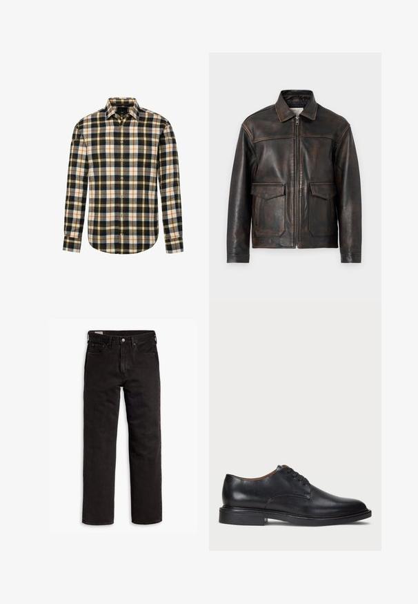 Jack & Jones PREMIUM JPRCCWALLACE - Læderjakker - brown stone; Langærmet skjorte med knaplukning, der har et flerfarvet ternet mønster i sort, hvid, orange og grå, med klassisk krave og buet kant.; Sort bomulds T-shirt med runde halsudskæring og korte ærmer. Har et diskret frontlogo og en lige kant. Enkel og minimalistisk design.; Sorte lige bukser i denim med fem lommer, knaplukning og bæltestropper, lagt fladt ud på en hvid baggrund.; Sorte læder dress sko med rund tå, snørelukning og en lav stablet hæl. Glat tekstur med minimale syningsdetaljer.