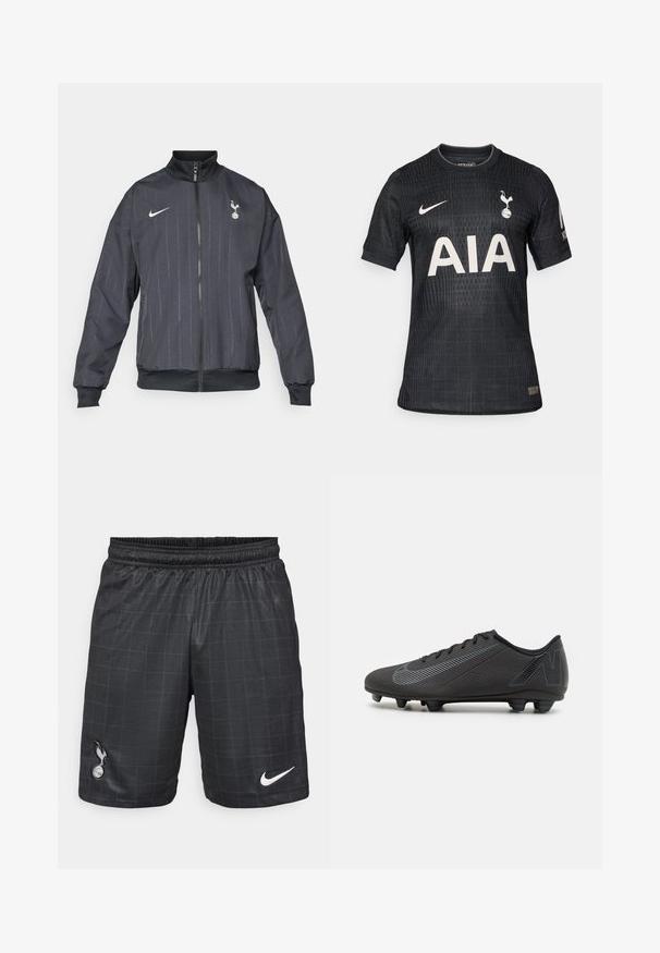 Chaqueta de pista negra de Nike con un cuello alto, cremallera frontal, patrón texturizado, acentos de logo en blanco y puños y dobladillo elásticos.; Camiseta de fútbol negra hecha de tejido ligero, con un patrón texturizado, cuello redondo, mangas cortas y un logo frontal blanco "AIA".; Pantalones cortos deportivos negros con un patrón de cuadrícula, cinturilla elástica, que presentan el logotipo blanco de Nike y un emblema de los Spurs en negro en la parte inferior izquierda.; Botín de fútbol negro con una parte superior texturizada, que presenta un diseño elegante y acentos en azul claro. Cinco tacos moldeados en la suela para tracción.