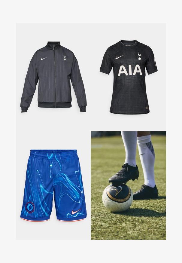 Czarna kurtka dresowa Nike z wysokim kołnierzem, przednim zamkiem błyskawicznym, teksturowanym wzorem, białymi akcentami logo oraz elastycznymi mankietami i dołem.; Czarna koszulka piłkarska wykonana z lekkiego materiału, z teksturowanym wzorem, okrągłym dekoltem, krótkimi rękawami i białym logotypem "AIA" z przodu.; Niebieskie szorty sportowe z falistym, jasnoniebieskim wzorem, pomarańczowym logo Nike oraz herbem Chelsea FC. Wykonane z oddychającego materiału.; Czarne korki piłkarskie na białej i czarnej piłce do futbolu, leżącej na zielonej trawie. Kotek ma teksturowany materiał i sznurówki.