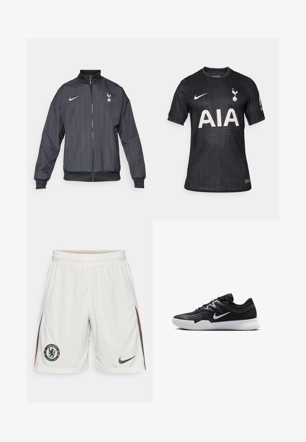Nike black track jacket with a high collar, front zipper, textured pattern, white logo accents, and elasticized cuffs and hem.; Black football jersey made of lightweight fabric, featuring a textured pattern, round neck, short sleeves, and a white "AIA" front logo.; White football shorts featuring a textured fabric, elastic waistband, Chelsea FC logo, and green and red side stripes. Nike logo on hem.; Black athletic shoe with a textured upper, white Nike swoosh, and a white rubber outsole. Features a lace-up design and dynamic shape.