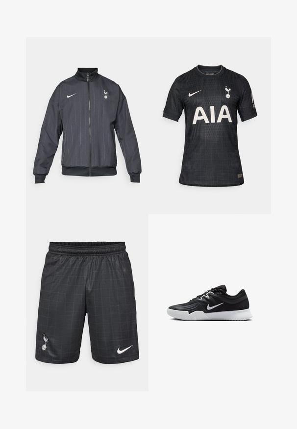 Nike musta musta juoksutakki korkealla kauluksella, etuvetoketjulla, teksturoituneella kuviolla, valkoisilla logoväritteillä sekä elastisilla hihansuilla ja helman osalla.; Mustapaitainen jalkapallopaita, joka on valmistettu kevyestä kankaasta. Paidassa on teksturoitu kuvio, pyöreä kaula-aukko ja lyhyet hihat, sekä valkoinen "AIA"-logo edessä.; Mustat urheilushortsit, joissa on ruudullinen kuvio, joustava vyötärönauha, Nike:n valkoinen logo ja Spursin emblem mustana vasemmassa alareunassa.; Musta urheilukenkä, jossa on teksturoitu päällinen, valkoinen Nike-tikkaus ja valkoinen kumipohja. Kenkässä on nauhakuji ja dynaaminen muoto.