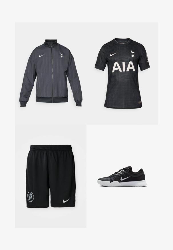 Nike zwarte trainingsjack met een hoge kraag, rits aan de voorkant, gestructureerd patroon, witte logo accenten, en elastische manchetten en zoom.; Zwarte voetbalshirt gemaakt van lichtgewicht stof, met een gestructureerd patroon, ronde hals, korte mouwen en een witte "AIA" logo aan de voorkant.; Zwarte sportshorts van lichtgewicht stof, met een elastische tailleband, zijslitsen, een wit Nike-logo en een ronde CFC-embleem.; Zwarte sportieve schoen met een gestructureerde bovenkant, witte Nike swoosh en een witte rubberen zool. Beschikt over een veterontwerp en een dynamische vorm.