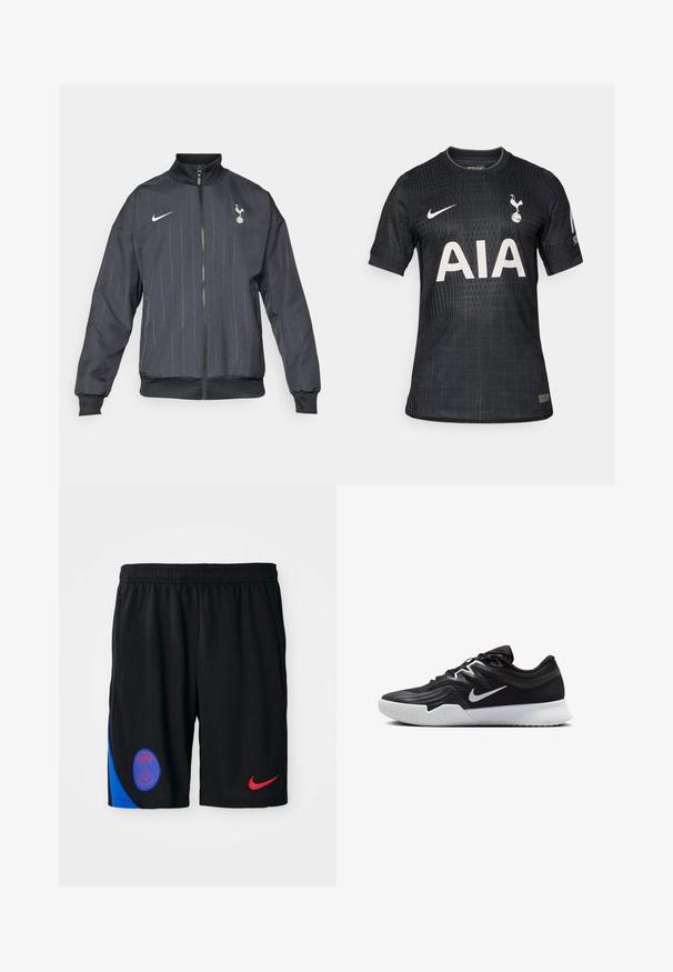 Nike juodas bėgimo džemperis su aukštu apykakle, priekyje su užtrauktuku, su tekstūruotu raštu, baltais logotipų akcentais, ir elastingomis rankogaliais bei apačia.; Juodas futbolo marškinėliai iš lengvos medžiagos, su tekstūruotu raštu, apvaliu kaklu, trumpomis rankovėmis ir balta "AIA" logotipu priekyje.; Juodi sportiniai šortai, pagaminti iš lengvos medžiagos, su elastinga juosmens juosta. Yra mėlyna šoninė juostelė ir raudonas Nike logotipas. Įtrauktas Paryžiaus emblema.; Juodos sportinės bateliai su tekstūruota viršutine dalimi, balta Nike swoosh ir balta gumine išorine dalimi. Yra su raištelių užsegimo dizainu ir dinamine forma.