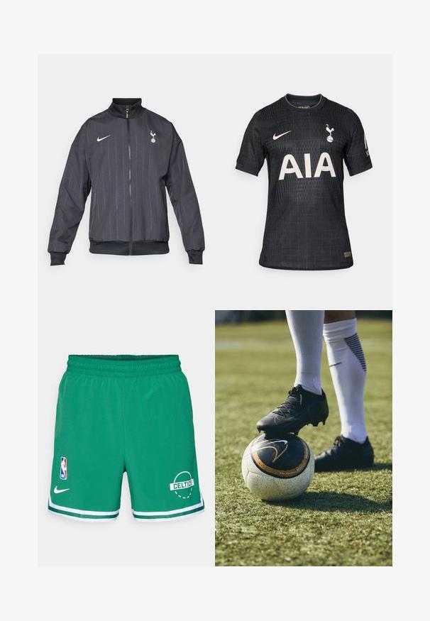 Nike melna sporta jaka ar augstu apkakli, priekšējo rāvējslēdzēju, strukturētu rakstu, baltajiem logotipa akcentiem un elastīgām piedurknēm un apakšmalai.; Melnā futbola kreklā, kas izgatavota no viegla auduma, ar teksturētu rakstu, apaļu kaklu, īsām piedurknēm un baltu "AIA" logo priekšā.; Zaļas basketbola šortus, kas izgatavoti no viegla auduma. Iekļauj elastīgu jostu, baltas svītras pie apakšas, NBA logo un "CELTICS" grafiku.; Melni futbola apavi uz baltiem un melniem rakstiem rotātas futbola bumbas, kas atpūšas uz zaļās zāles. Apaviem ir strukturēts materiāls un šņorēšana.