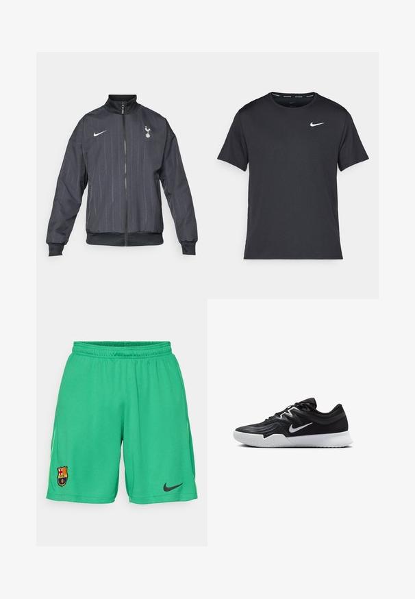 Nike musta musta juoksutakki korkealla kauluksella, etuvetoketjulla, teksturoituneella kuviolla, valkoisilla logoväritteillä sekä elastisilla hihansuilla ja helman osalla.; Musta Nike juoksupaita, joka on valmistettu kevyestä ja hengittävästä materiaalista. Paidassa on lyhyet hihnat ja pieni valkoinen logo rinnassa.; Vihreät jalkapalloshortsit, jotka on valmistettu teksturoidusta kankaasta. Niissä on musta Nike-logo ja Barcelonan seuramerkki vasemmassa jalassa.; Musta urheilukenkä, jossa on teksturoitu päällinen, valkoinen Nike-tikkaus ja valkoinen kumipohja. Kenkässä on nauhakuji ja dynaaminen muoto.
